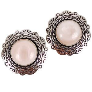 Signed Relios Carolyn Pollack Sterling Mother of Pearl MOP Clip On Earrings VTG